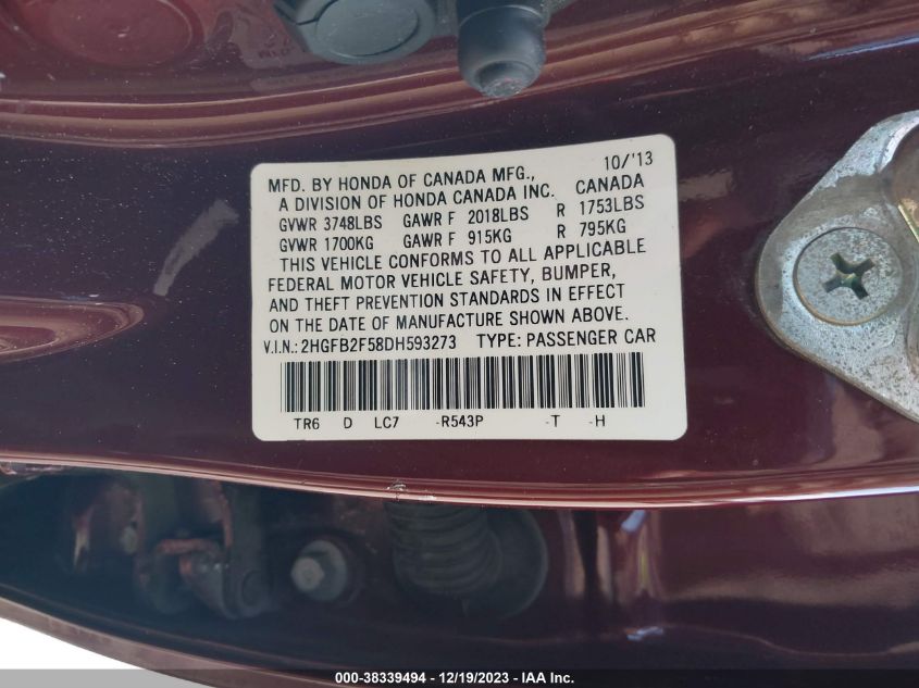 2013 HONDA CIVIC LX - 2HGFB2F58DH593273