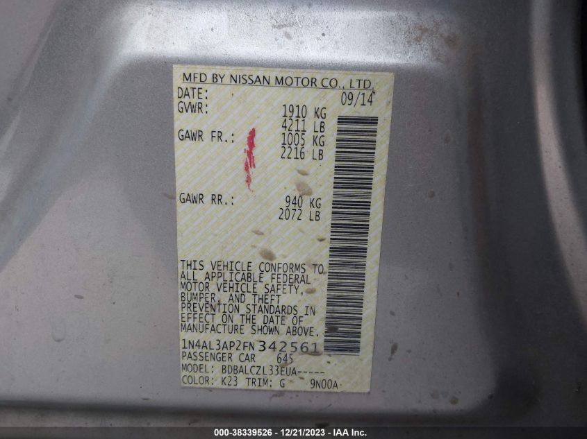 2015 NISSAN ALTIMA 2.5 S - 1N4AL3AP2FN342561