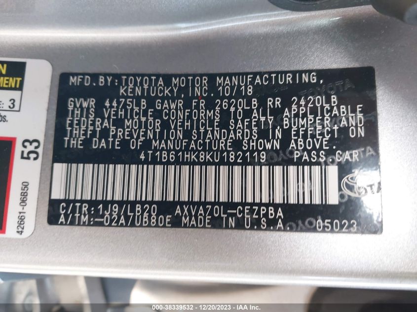 2019 TOYOTA CAMRY XSE - 4T1B61HK8KU182119