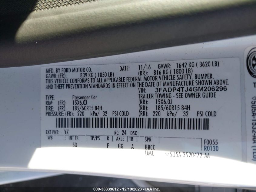 2016 FORD FIESTA S - 3FADP4TJ4GM206296