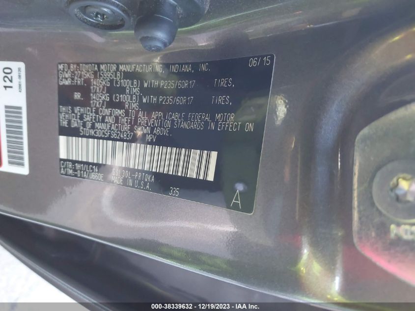 5TDYK3DC5FS624837 2015 TOYOTA SIENNA, photo no. 9