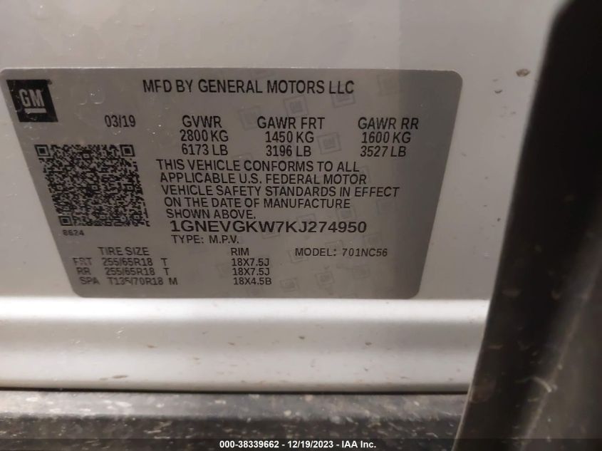 2019 CHEVROLET TRAVERSE LT - 1GNEVGKW7KJ274950