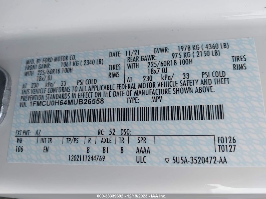 2021 FORD ESCAPE SEL - 1FMCU0H64MUB26558