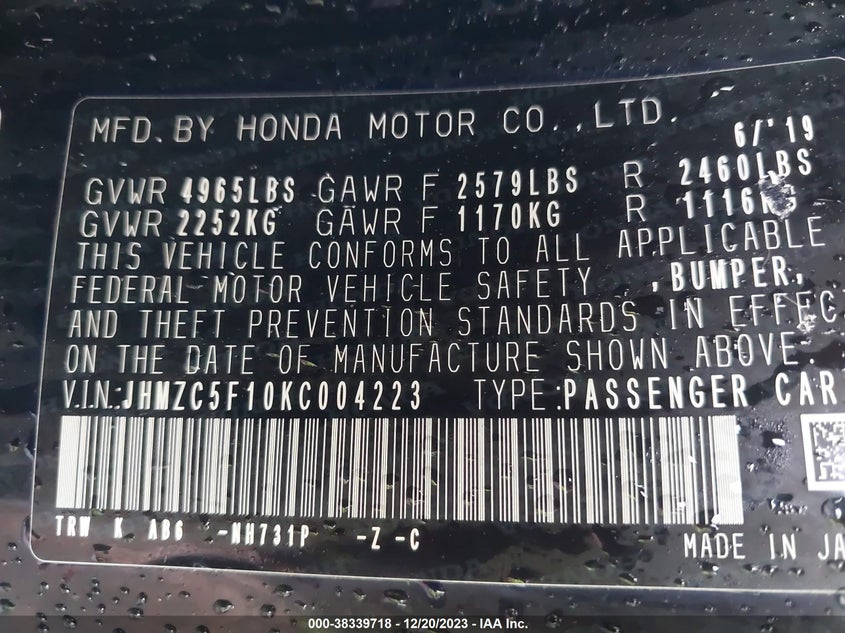 VIN JHMZC5F10KC004223 2019 HONDA CLARITY PLUG-IN HYBRID