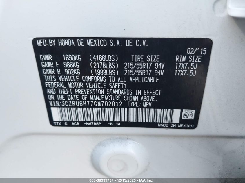 2016 HONDA HR-V EXL - 3CZRU6H77GM702012