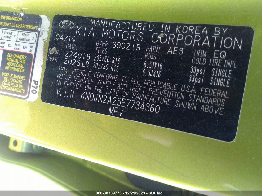 2014 KIA SOUL - KNDJN2A25E7734360