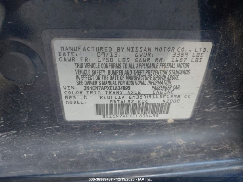 2014 NISSAN VERSA S/S PLUS/SV/SL - 3N1CN7APXEL834695
