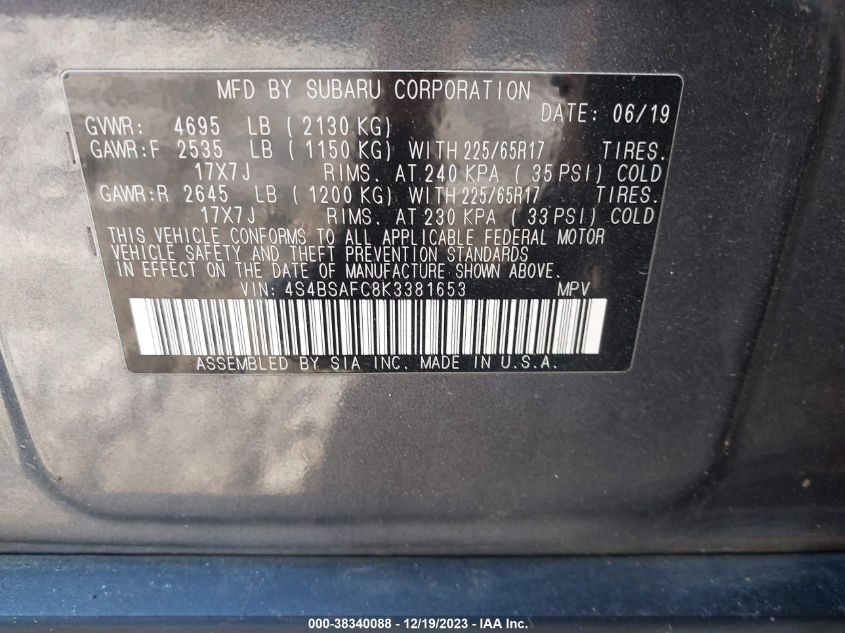 2019 SUBARU OUTBACK 2.5I PREMIUM - 4S4BSAFC8K3381653
