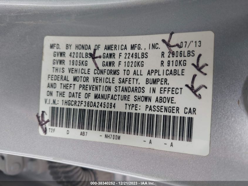 2013 HONDA ACCORD LX - 1HGCR2F36DA245094