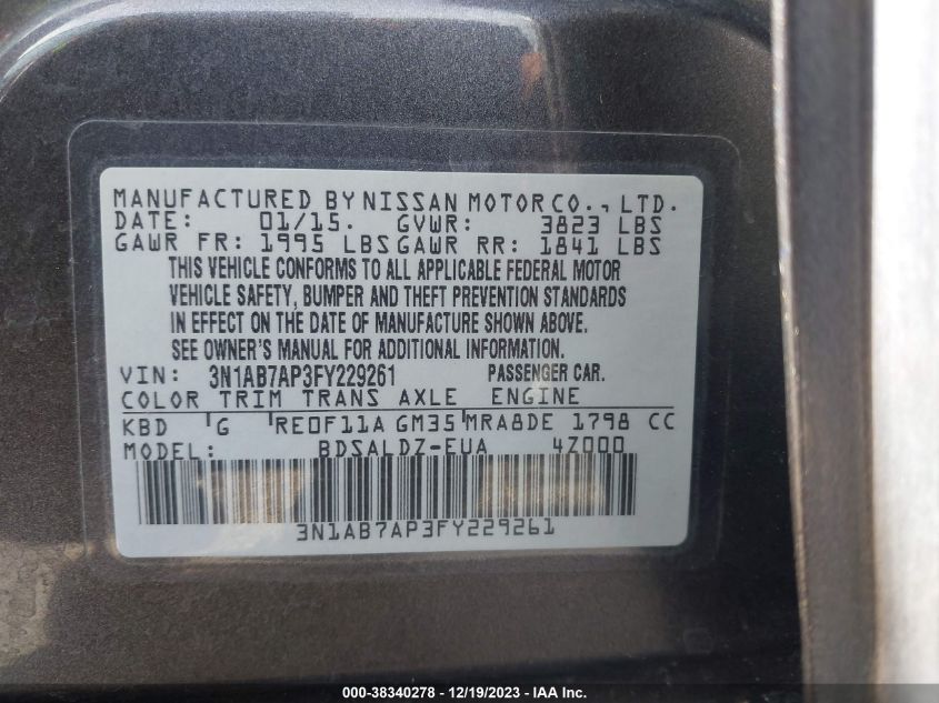 2015 NISSAN SENTRA FE+ S/S/SL/SR/SV - 3N1AB7AP3FY229261