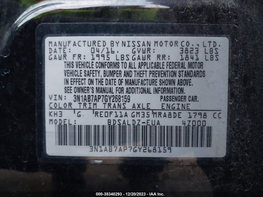 2016 NISSAN SENTRA S/SV/SR/SL - 3N1AB7AP7GY268159