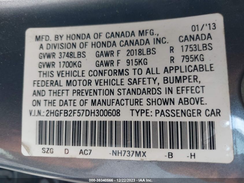 2013 HONDA CIVIC LX - 2HGFB2F57DH300608