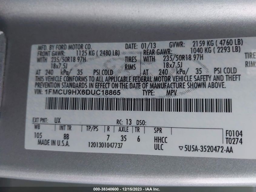 2013 FORD ESCAPE SEL - 1FMCU9HX6DUC18865