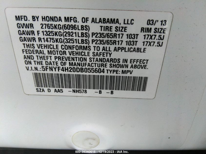 2013 HONDA PILOT LX - 5FNYF4H20DB055604