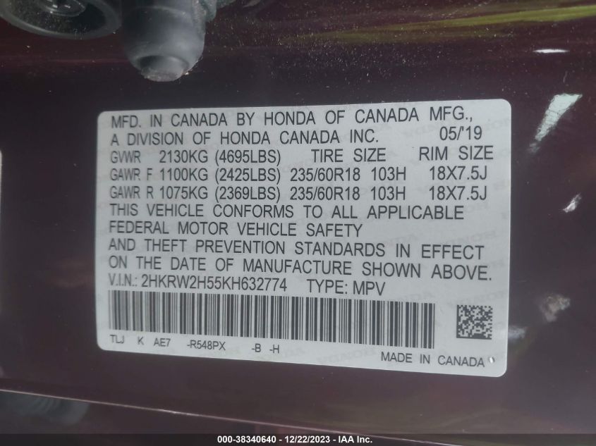 2019 HONDA CR-V EX - 2HKRW2H55KH632774