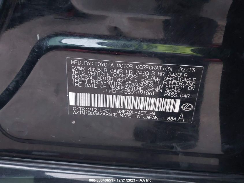 2013 LEXUS IS 250 - JTHBF5C25D5191861