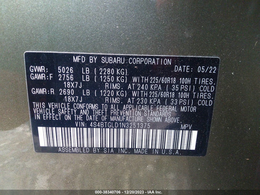 VIN 4S4BTGLD1N3251375 2022 SUBARU OUTBACK ONYX EDITION XT