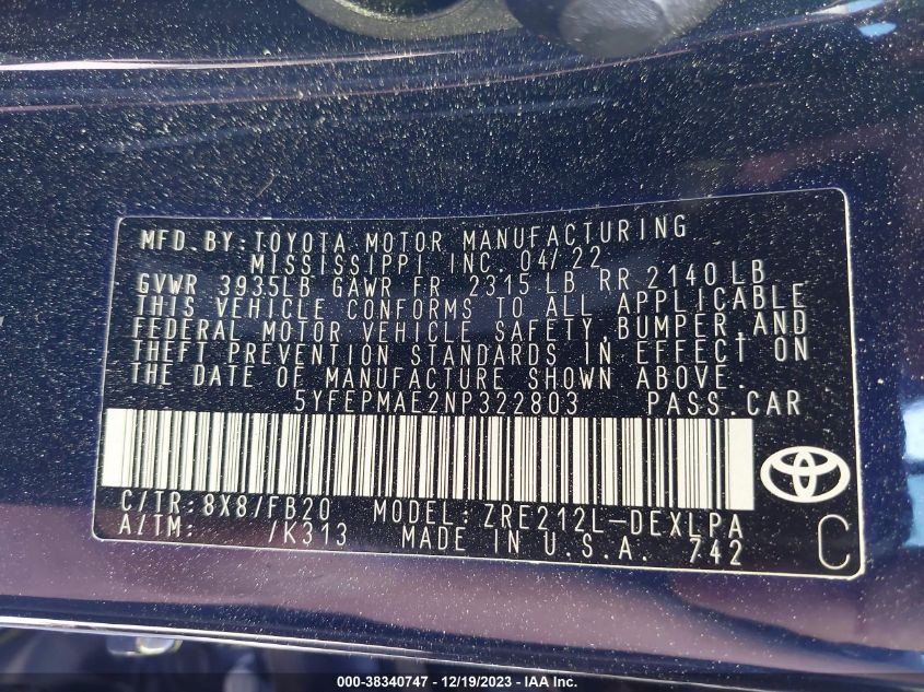2022 TOYOTA COROLLA LE - 5YFEPMAE2NP322803