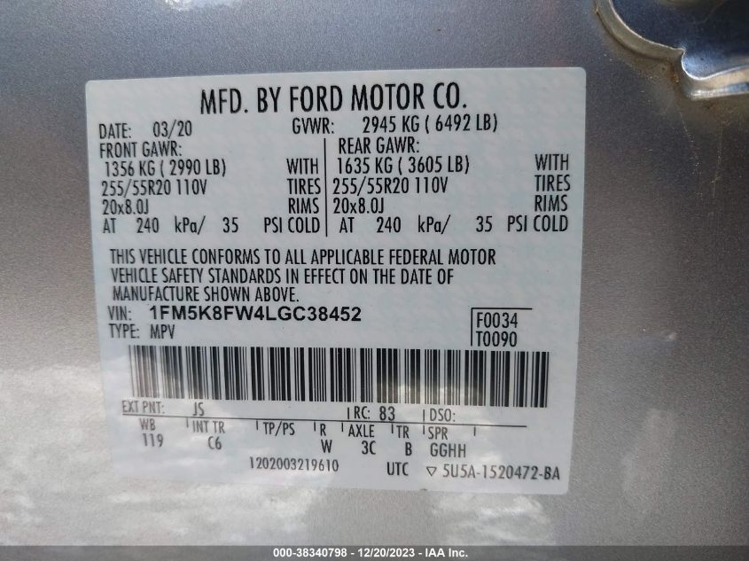 2020 FORD EXPLORER LIMITED - 1FM5K8FW4LGC38452