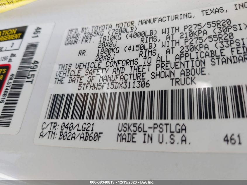 2013 TOYOTA TUNDRA PLATINUM 5.7L V8 - 5TFHW5F15DX311306