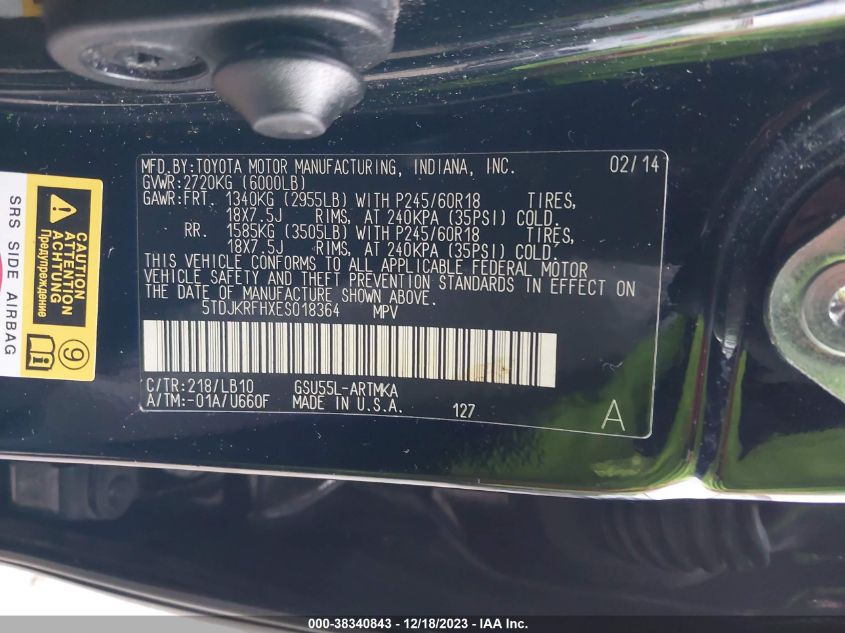 2014 TOYOTA HIGHLANDER XLE V6 - 5TDJKRFHXES018364