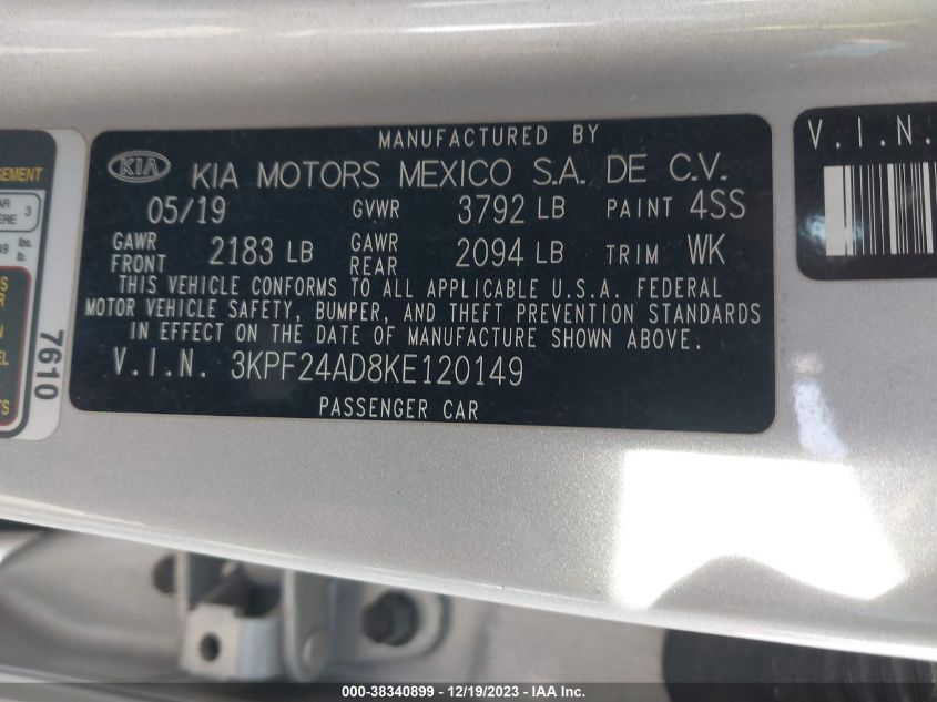 2019 KIA FORTE FE/LX/LXS - 3KPF24AD8KE120149