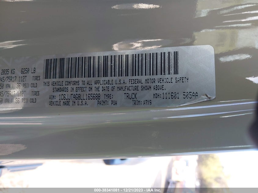 VIN 1C6JJTAG8LL165688 2020 JEEP GLADIATOR SPORT