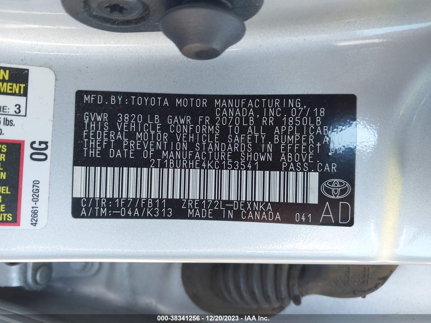 VIN 2T1BURHE4KC153541 2019 TOYOTA COROLLA LE