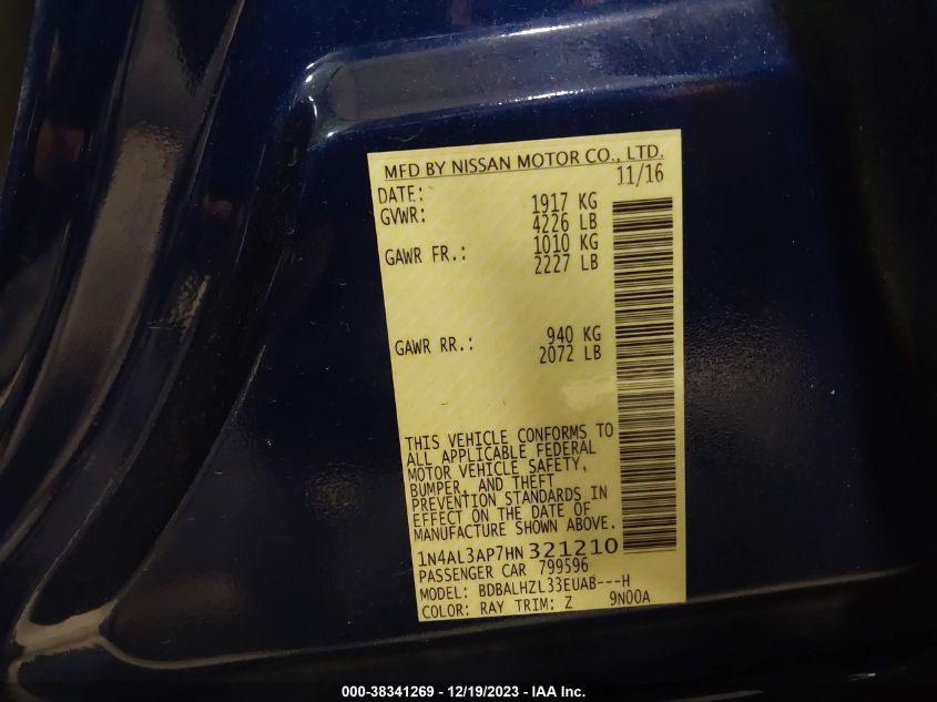 2017 NISSAN ALTIMA 2.5/S/SV/SL/SR - 1N4AL3AP7HN321210