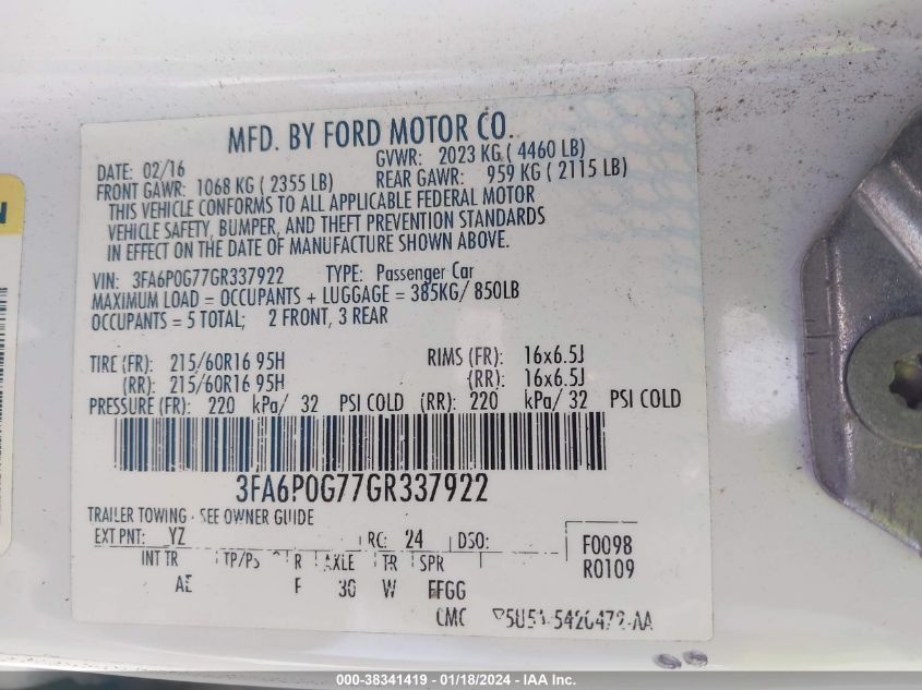 2016 FORD FUSION S - 3FA6P0G77GR337922