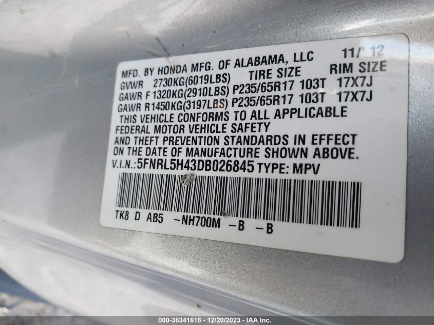 2013 HONDA ODYSSEY EX - 5FNRL5H43DB026845