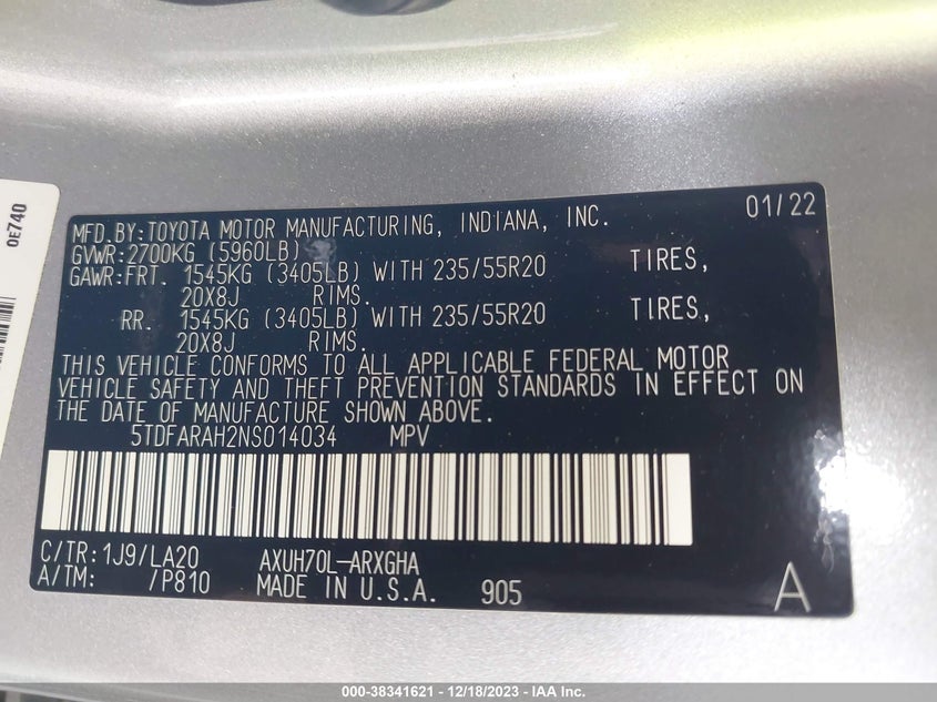 VIN 5TDFARAH2NS014034 2022 TOYOTA HIGHLANDER HYBRID PLATINUM