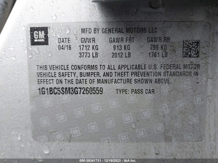 2016 CHEVROLET CRUZE - 1G1BC55M3G7260559