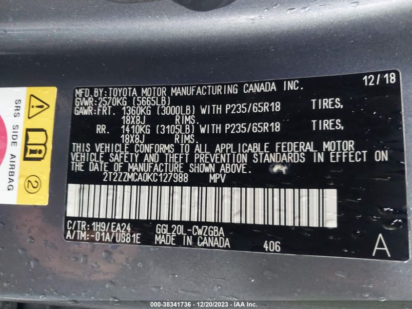 2019 LEXUS RX 350 - 2T2ZZMCA0KC127988