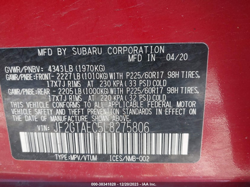 VIN JF2GTAEC5L8275806 2020 SUBARU CROSSTREK PREMIUM
