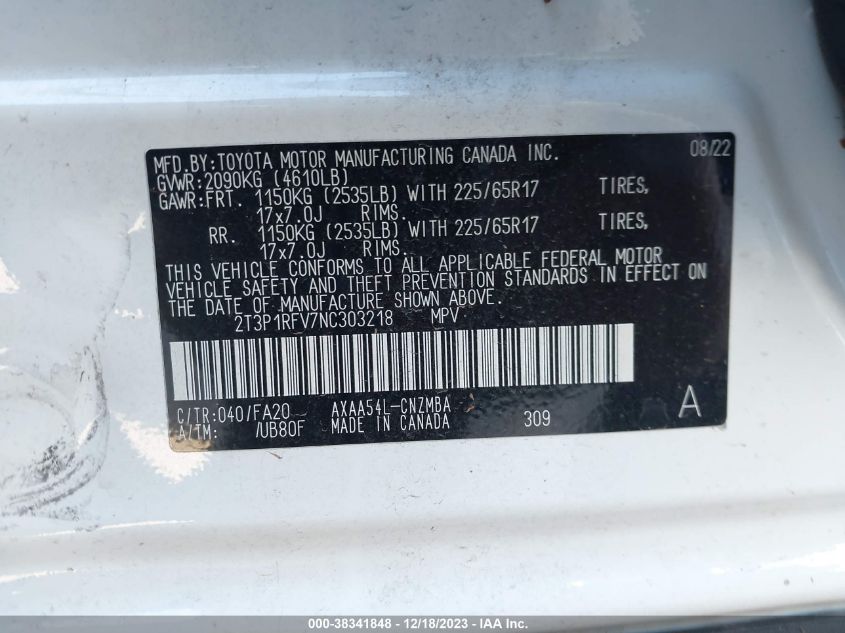 2022 TOYOTA RAV4 XLE/XLE PREMIUM - 2T3P1RFV7NC303218