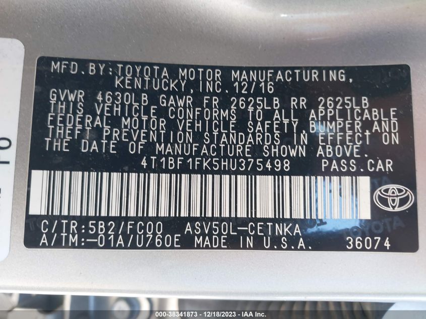 2017 TOYOTA CAMRY LE - 4T1BF1FK5HU375498