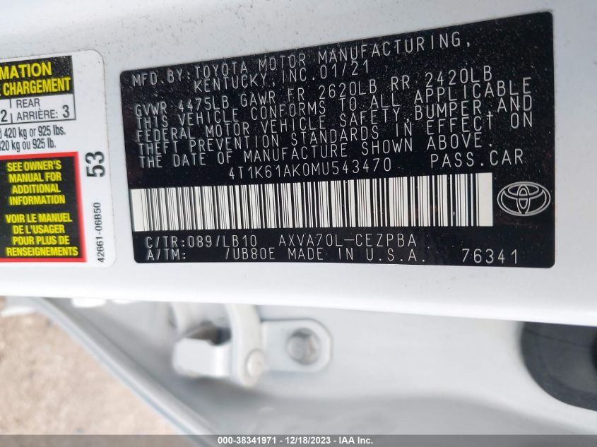 2021 TOYOTA CAMRY XSE - 4T1K61AK0MU543470