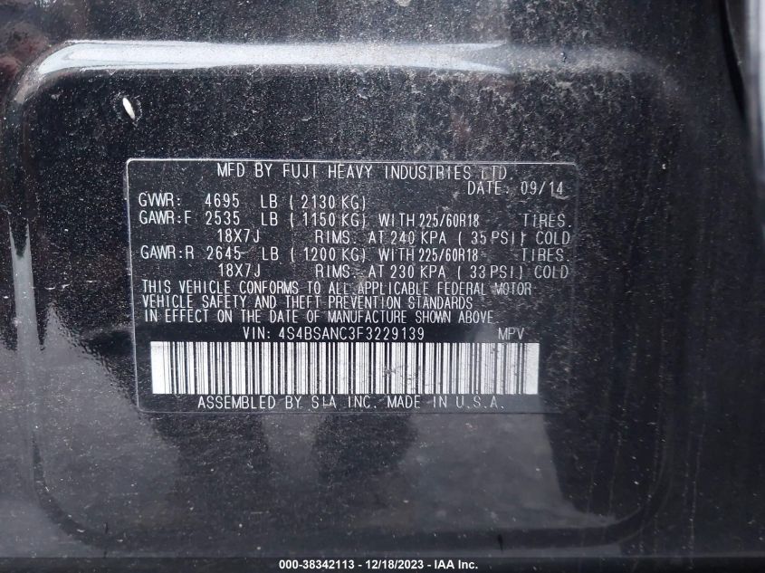 2015 SUBARU OUTBACK 2.5I LIMITED - 4S4BSANC3F3229139