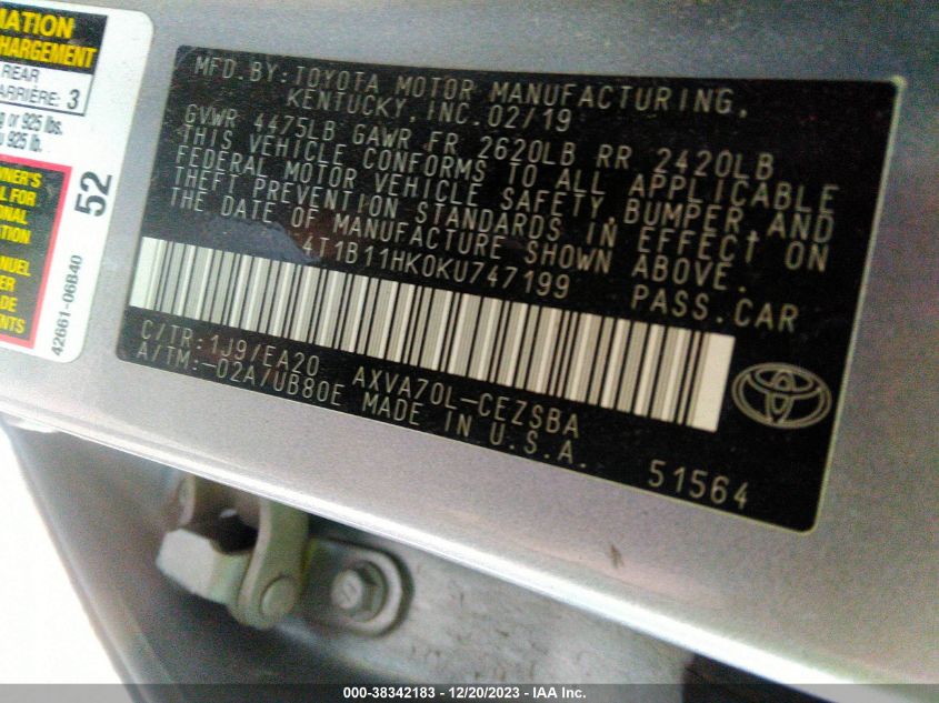 2019 TOYOTA CAMRY L/LE/XLE/SE/XSE - 4T1B11HK0KU747199