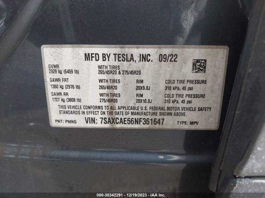 2022 TESLA MODEL X DUAL MOTOR ALL-WHEEL DRIVE - 7SAXCAE56NF361647