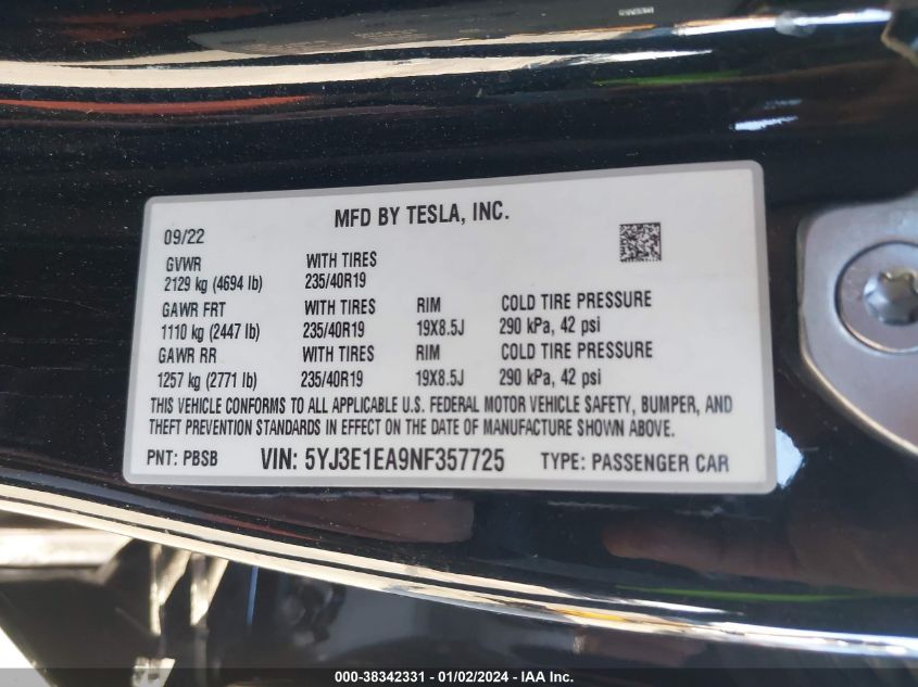 2022 TESLA MODEL 3 REAR-WHEEL DRIVE - 5YJ3E1EA9NF357725