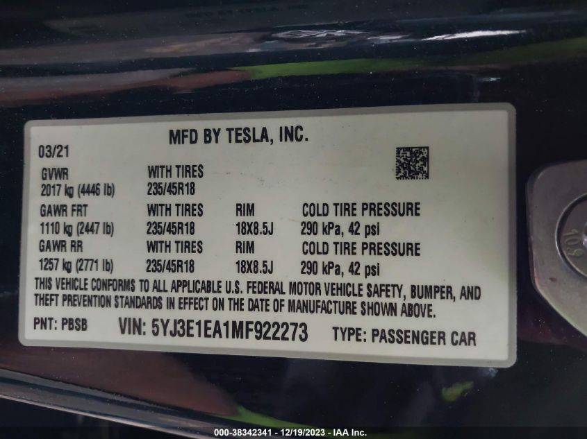 2021 TESLA MODEL 3 STANDARD RANGE PLUS REAR-WHEEL DRIVE - 5YJ3E1EA1MF922273