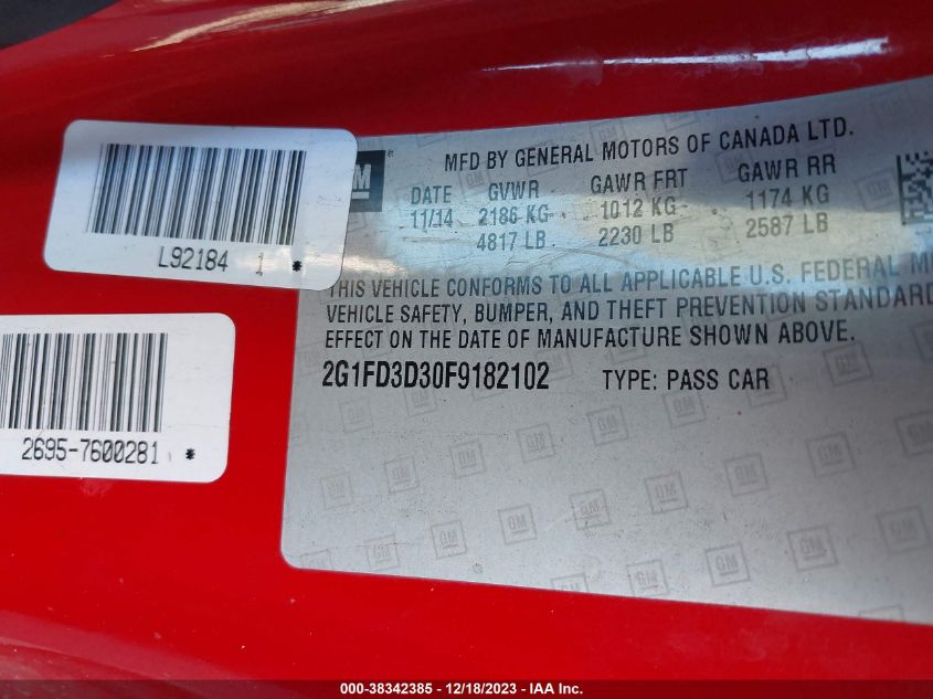 2015 CHEVROLET CAMARO 1LT - 2G1FD3D30F9182102