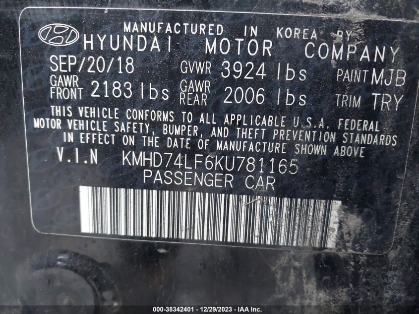 VIN KMHD74LF6KU781165 2019 HYUNDAI ELANTRA SE