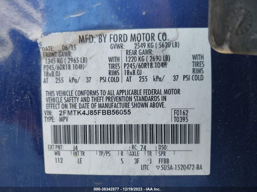 2FMTK4J85FBB56055 2015 FORD EDGE, photo no. 9