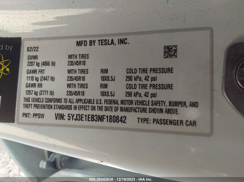 2022 TESLA MODEL 3 - 5YJ3E1EB3NF180842