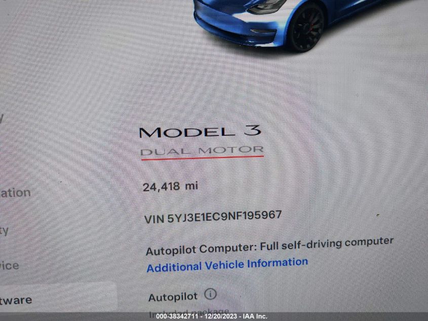 2022 TESLA MODEL 3 - 5YJ3E1EC9NF195967