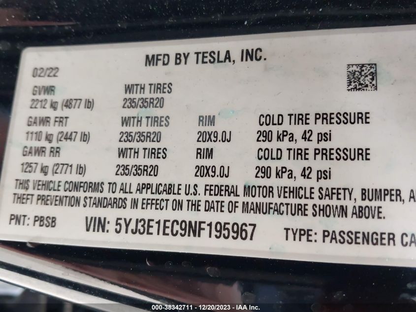 2022 TESLA MODEL 3 - 5YJ3E1EC9NF195967