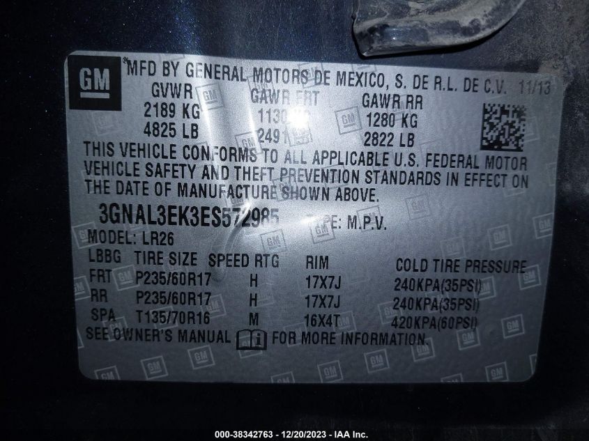 2014 CHEVROLET CAPTIVA SPORT LT 3GNAL3EK3ES572985